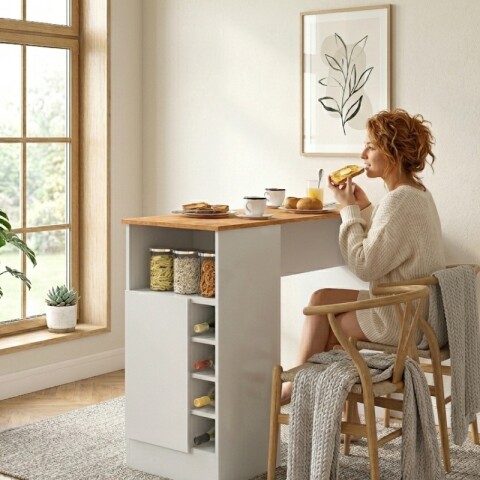 Mueble Barra de Cocina Desayunadora Con Nichos Para Vinos Y Almacenado - Blanco / Cinamomo Mueble Barra de Cocina Desayunadora Con Nichos Para Vinos Y Almacenado - Blanco / Cinamomo