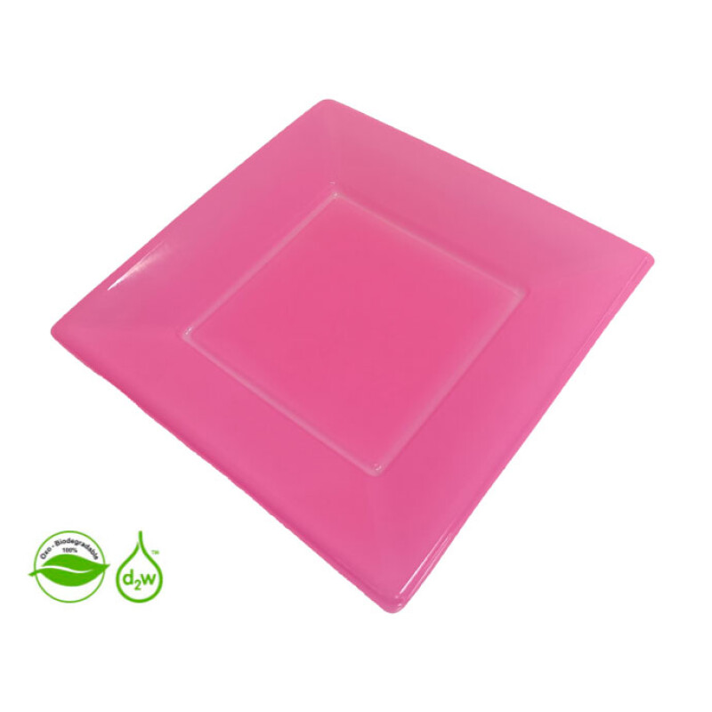 Plato Cuadrado Biodegradable x10 Und Rosa Neón