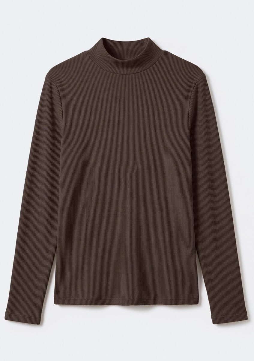 BLUSA DE CUELLO ALTO ACANALADO - MARRÓN 