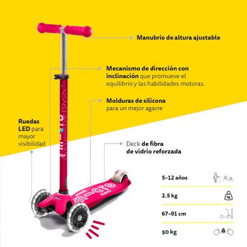 Monopatín Micro Maxi Deluxe LED Ajustable con 3 Ruedas ROSA