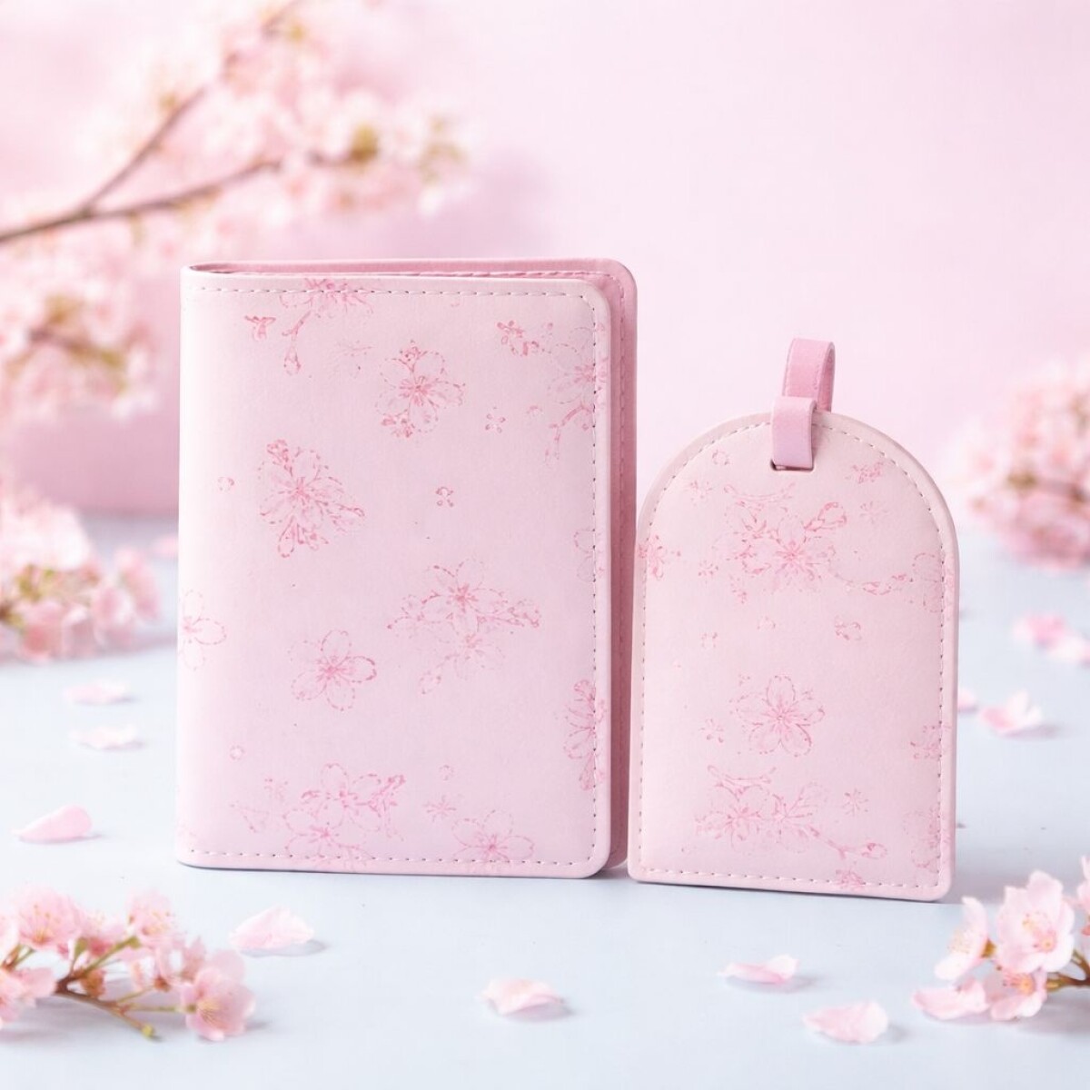 JUEGO DE PORTA PASAPORTES Y ETIQUETAS DE EQUIPAJE (FLORES DE CEREZO) 