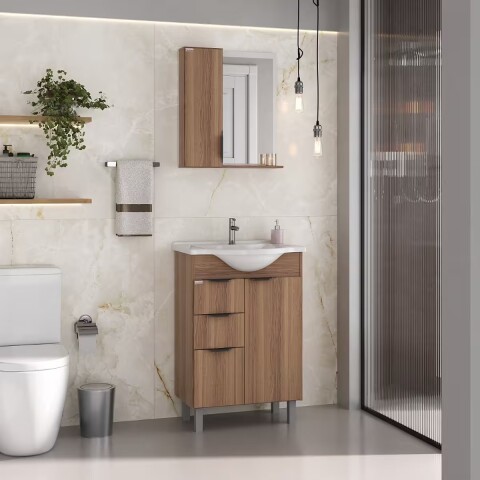 Mueble de baño de pie Crystal Nogal 56 cm con Bacha de resina natural y espejo botiquín Mueble De Baño De Pie Crystal Nogal 56 Cm Con Bacha De Resina Natural Y Espejo Botiquín