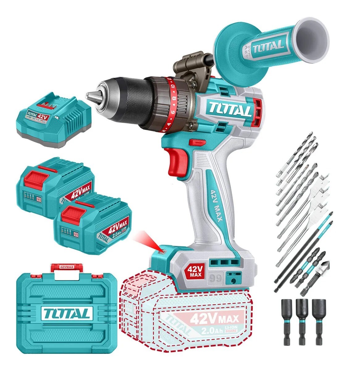 Taladro Percutor Y Atornillador Inalámbrico Total 42v con Maletin y Accesorios 