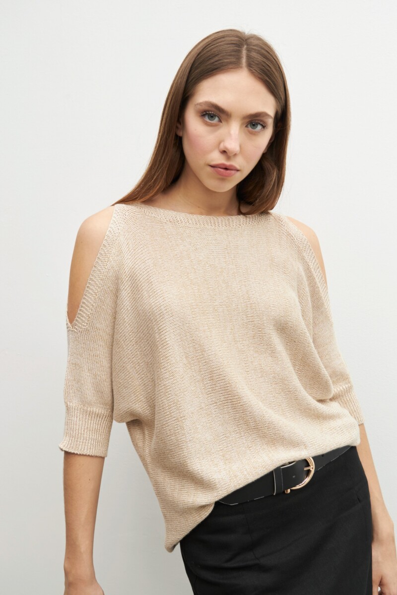 Sweater lurex hombros descubiertos beige