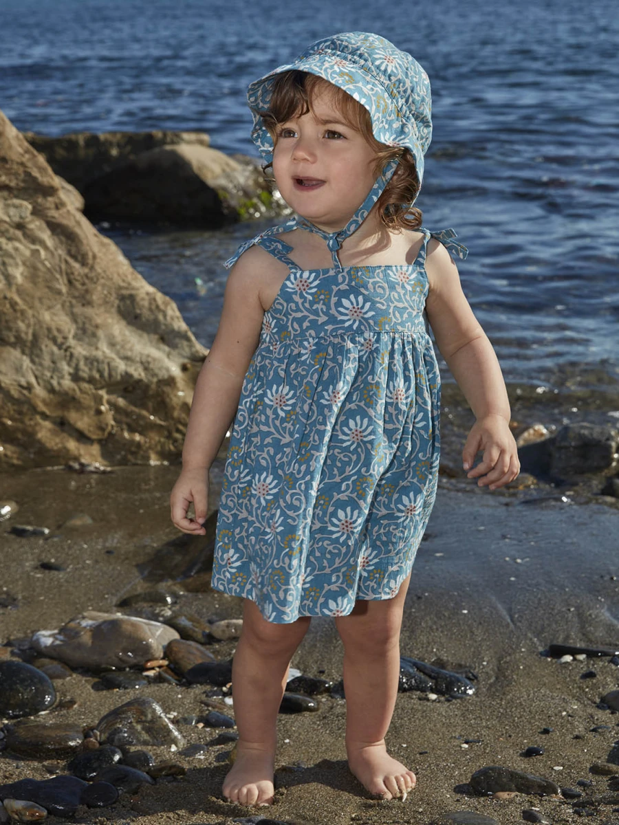 Vestido Talle Altocon Estampado De Flore Azul Pato