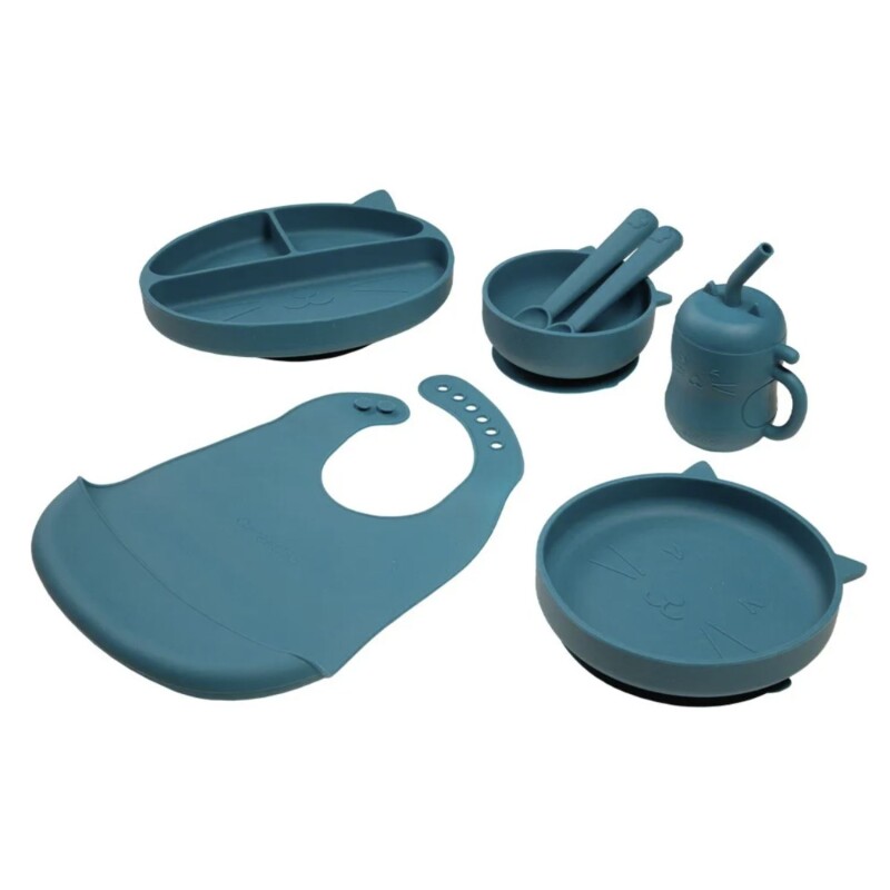Set De Alimentación De Silicona Carestino Gatito Azul Petroleo
