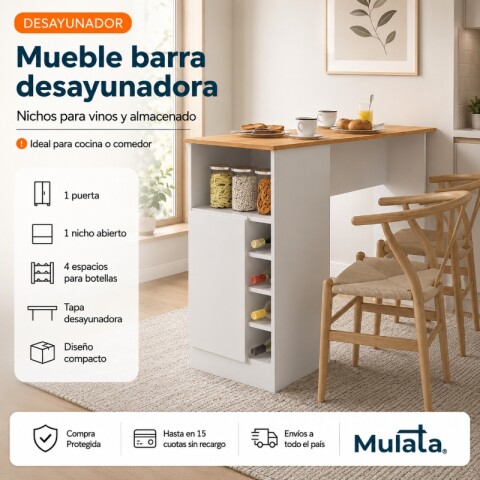 Mueble Barra de Cocina Desayunadora Con Nichos Para Vinos Y Almacenado - Blanco / Cinamomo Mueble Barra de Cocina Desayunadora Con Nichos Para Vinos Y Almacenado - Blanco / Cinamomo