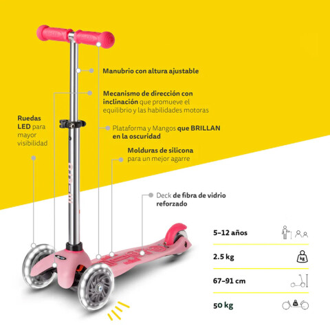 Monopatín Micro Maxi Glow LED Ajustable con 3 Ruedas PURPURA