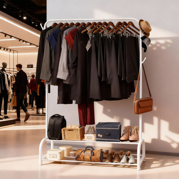 Perchero Para Ropa Con Doble Estante y ganchos de Metal Organizador zapatero Imback Color Blanco Perchero Para Ropa Con Doble Estante y ganchos de Metal Organizador zapatero Imback Color Blanco