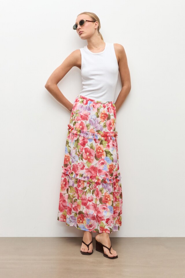 Maxi falda estampa Santa Rita rosado