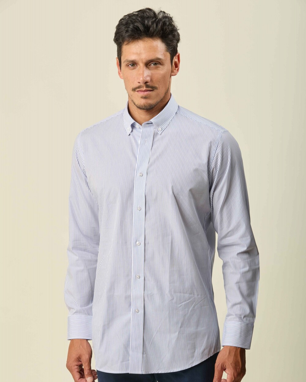 Camisa Sport Algodón Manga Larga Blanca Raya Azul