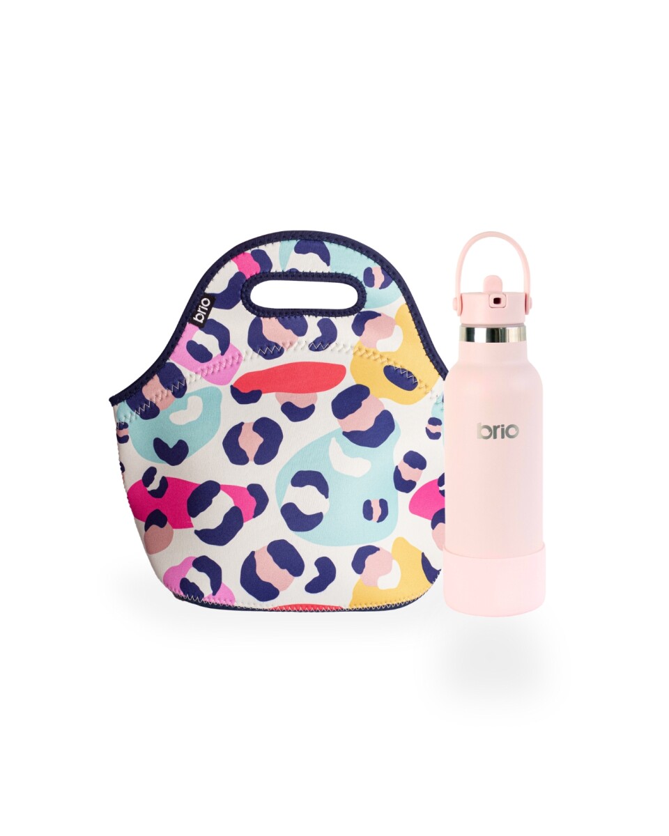 Set de lunchera de neopreno y botella de acero inoxidable 500ml brio - set moteada/rosa 