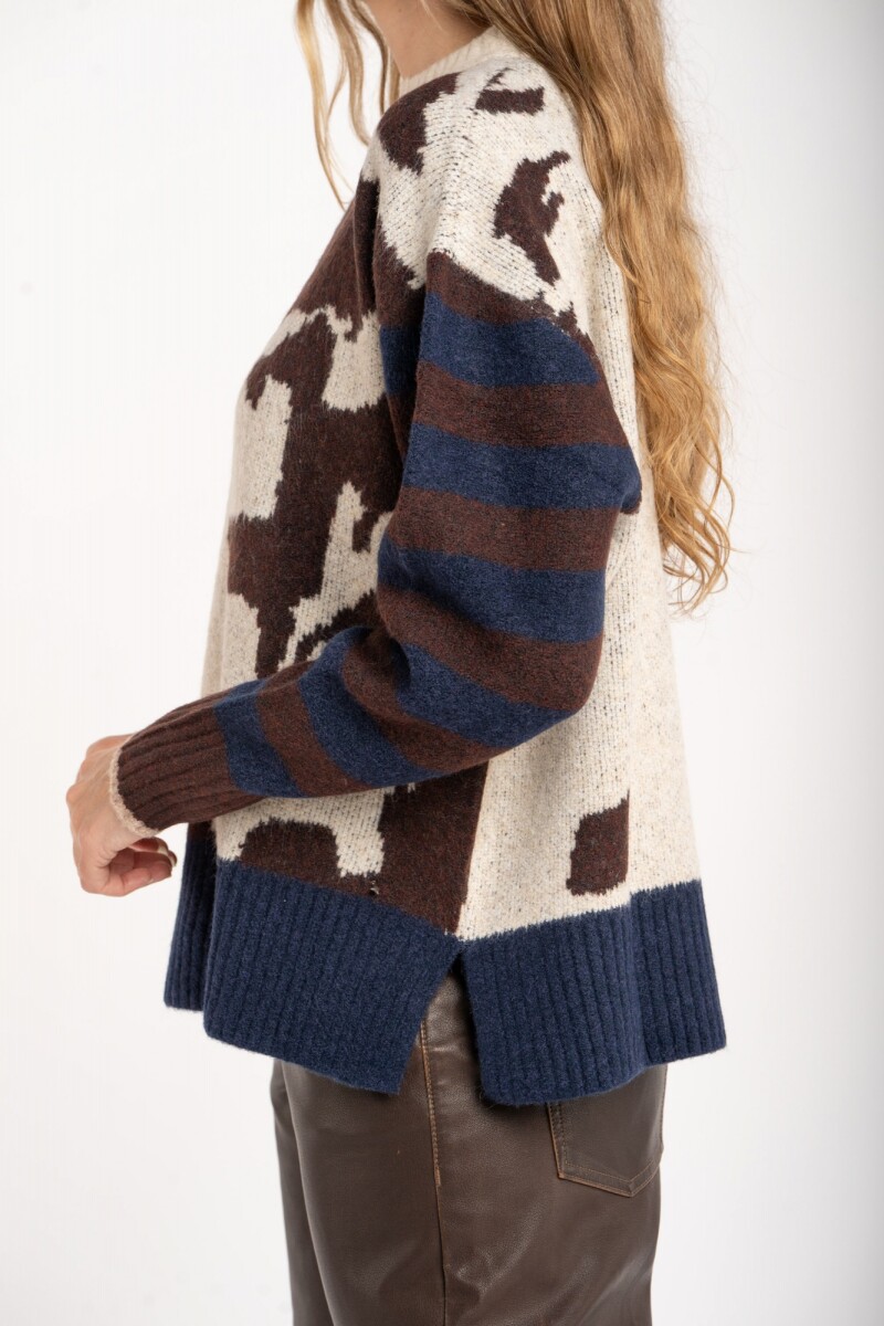 Sweater Animal Print Vaca Combinado Marrón