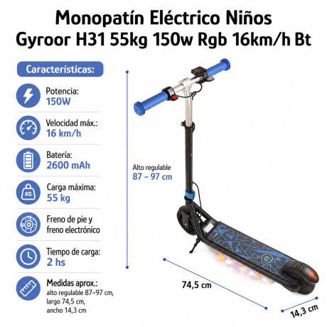 Monopatín Eléctrico Niños Gyroor H31 55kg 150W RGB 16km/h BT Azul