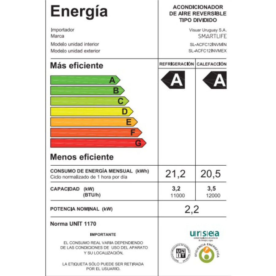 Aire Acondicionado Inverter 12000 BTU SMARTLIFE SL-ACFC12INVM Aire Acondicionado Inverter 12000 BTU SMARTLIFE SL-ACFC12INVM