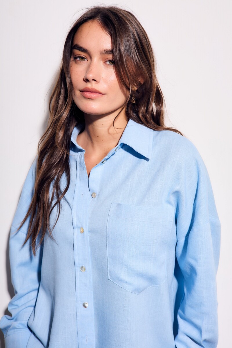 Camisa Con Lino Celeste