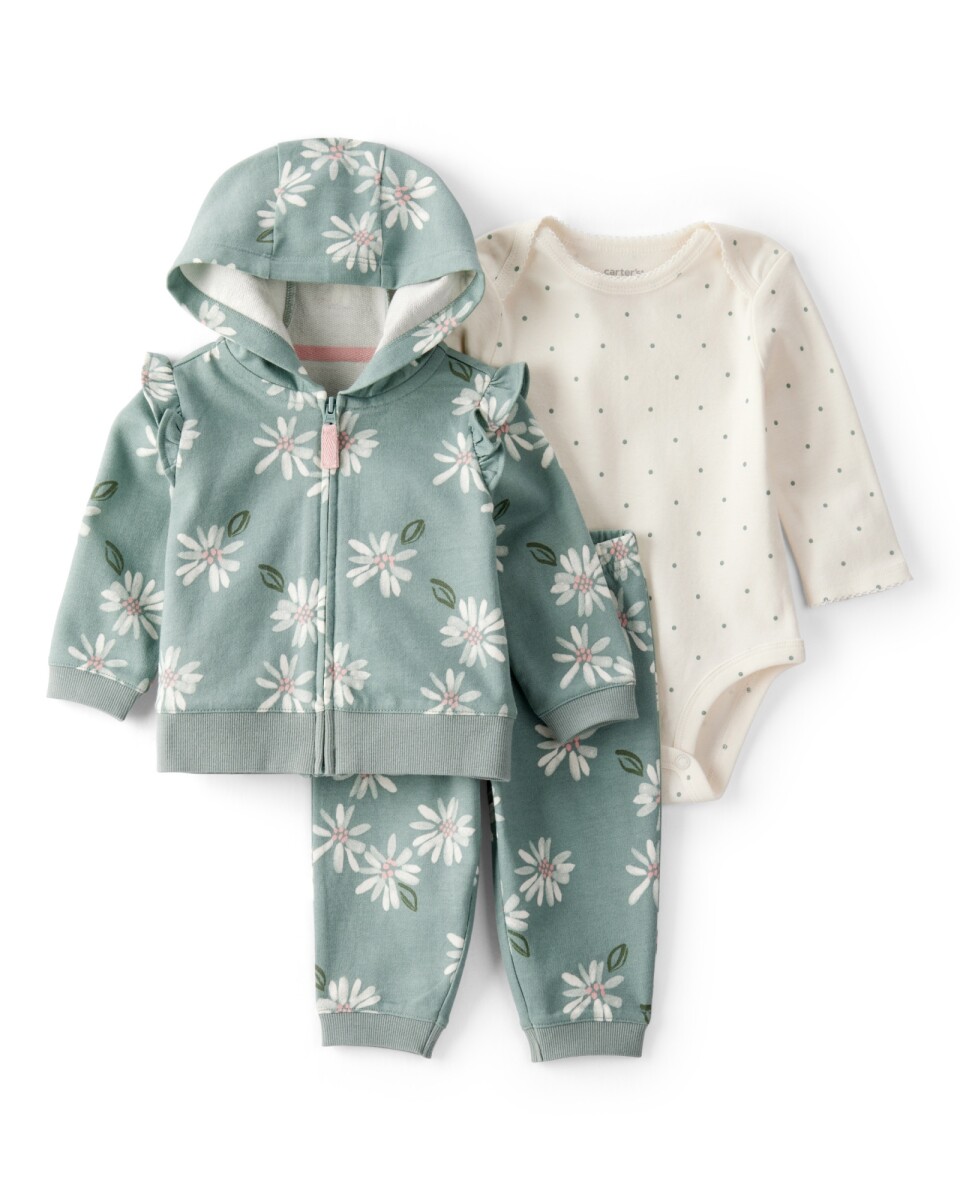 Set tres piezas de algodón, campera, pantalón y body, diseño floral 