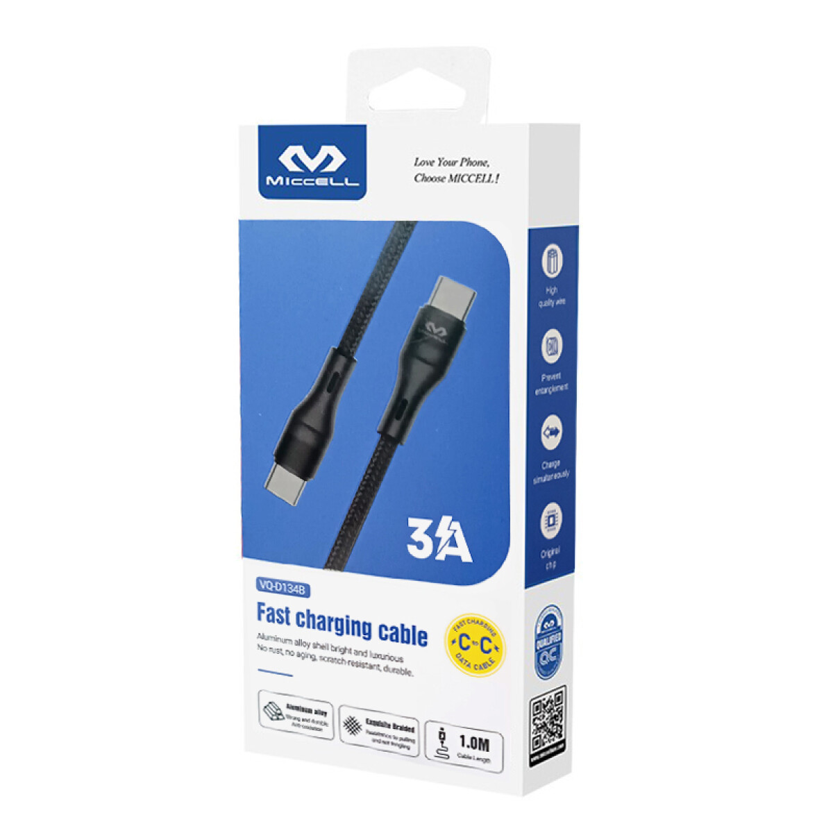 Cable tipo C a tipo C 60W Miccell 1 m. reforzado carga ràpid 