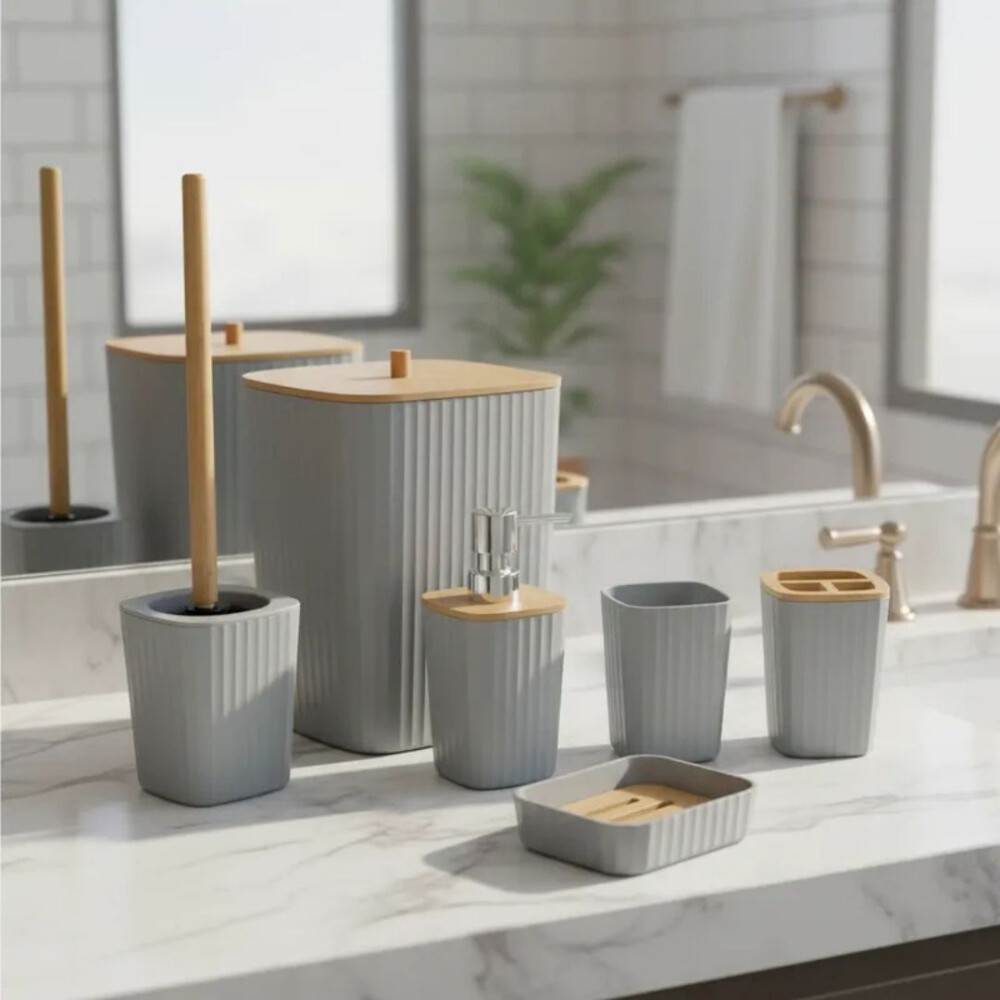 Set De 6 Piezas Para Baño En Bambú Gris