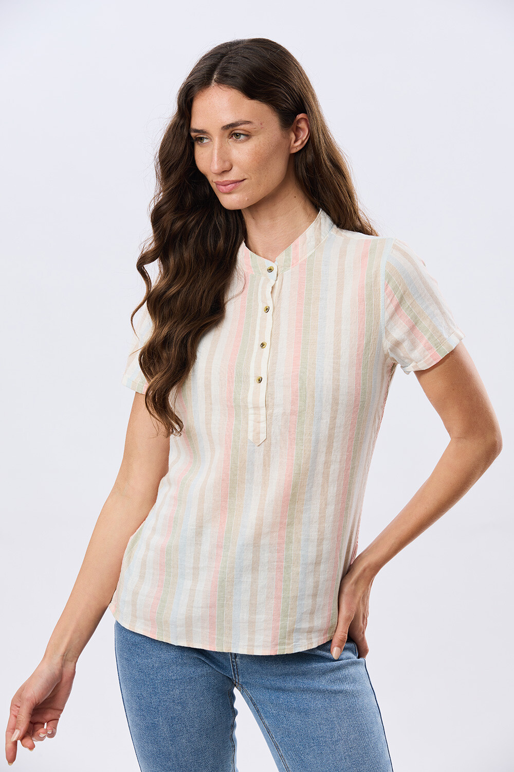 CAMISA RAYADA DE LINO Rosa