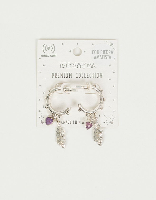 Aros Argollas Bañada en Plata Aros Argollas Corazón Amatista - Plateado