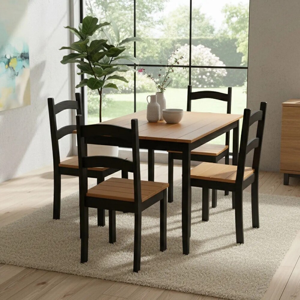 JUEGO DE COMEDOR MESA Y 4 SILLAS EN MADERA MACIZA NEGRO