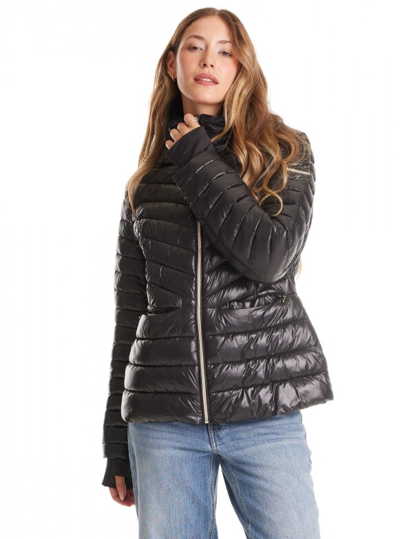 Campera Puffer Satinada Con Capucha Y Puños NEGRO