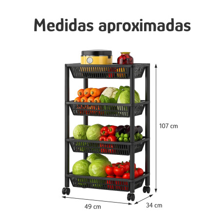 Estante Organizador 4 Pisos Con Ruedas Multiuso Cocina Baño Negro