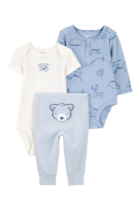 Set tres piezas de algodón, pantalón y dos bodies, azules Sin color