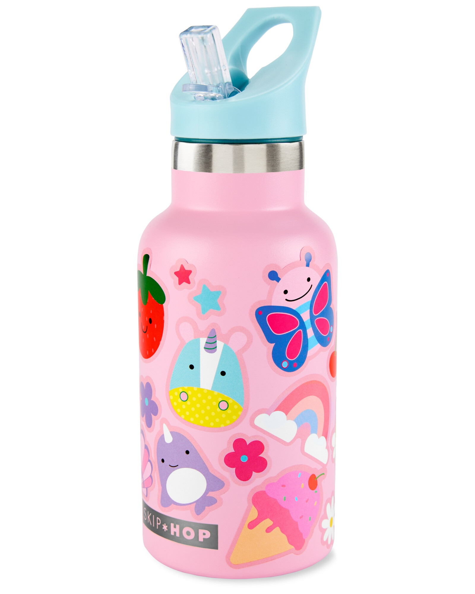 Botella de acero inoxidable con sorbito y stickers, rosada Botella de acero inoxidable con sorbito y stickers, rosada