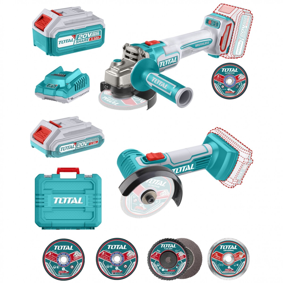 Kit Línea 20v: 2 Amoladoras 4.1/2" Y 3", 2 Baterías 