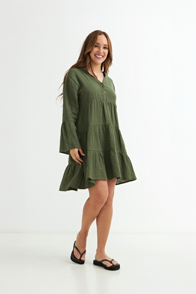 Vestido con volados manga 3/4 VERDE OLIVA