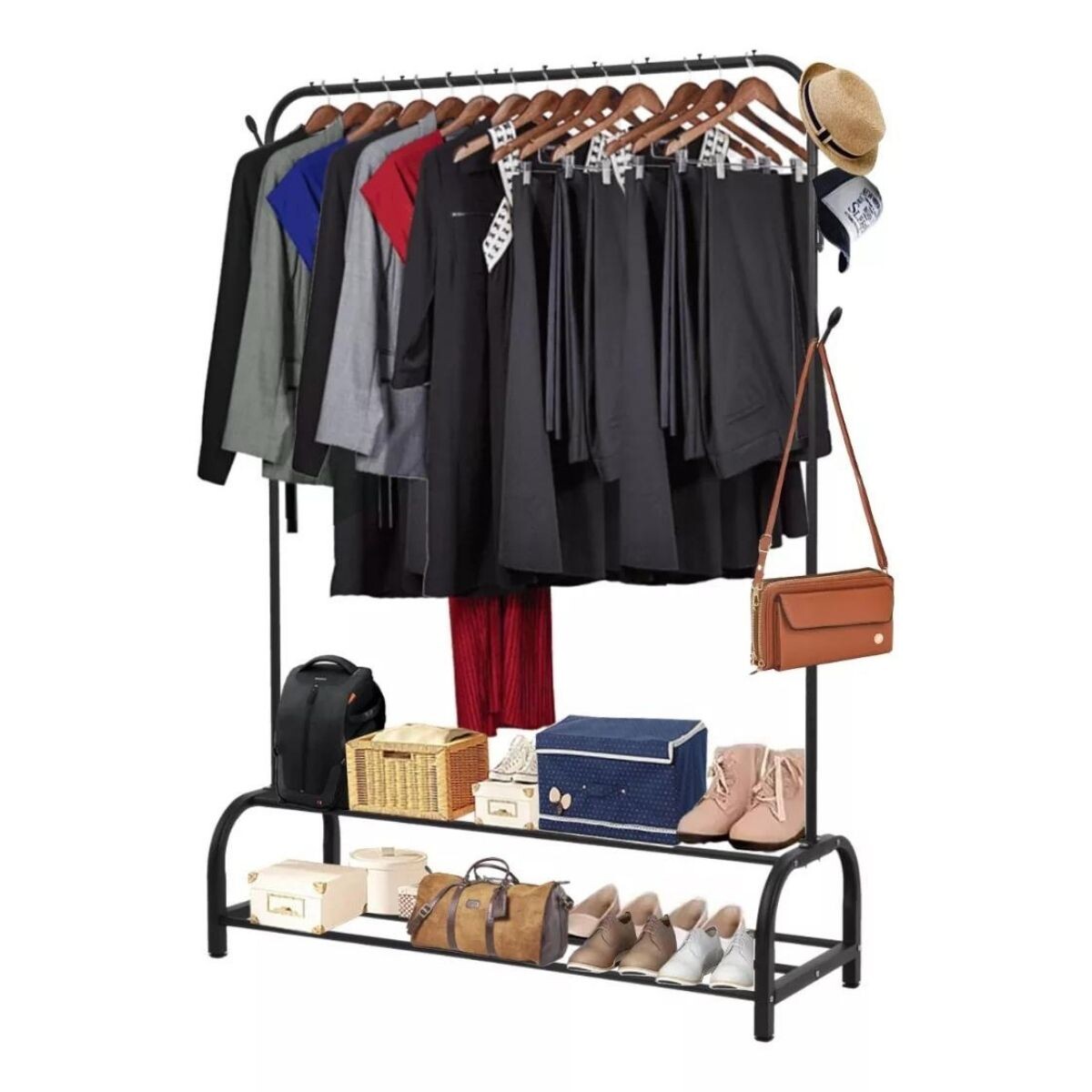 Perchero de Pie Organizador de Ropa Doble Estante Color Negro 