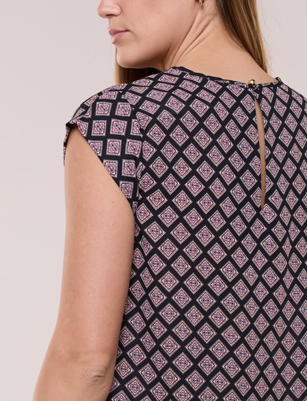 Blusa De Gasa Manga Corta Con Bolsillo Frontal NEGRO/MULTI
