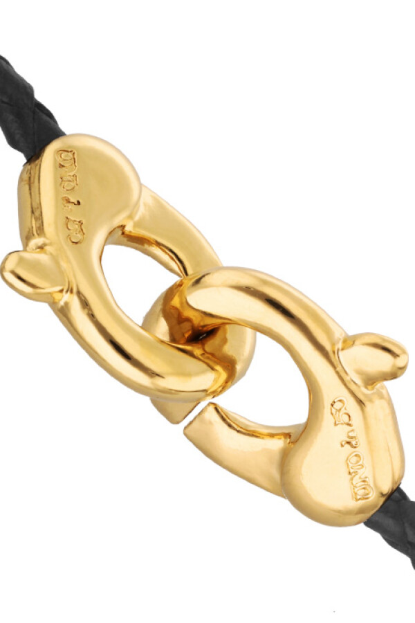 PULSERA DE CUERO NEGRO CON MOSQUETÓN ENTRELAZADO BAÑADO EN ORO 18K Pulsera