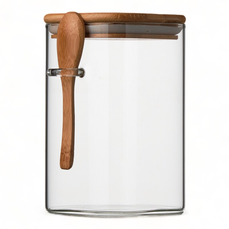 Recipiente Hermetico Vidrio Tapa Bamboo Cuchara 1500 Ml Sin Color