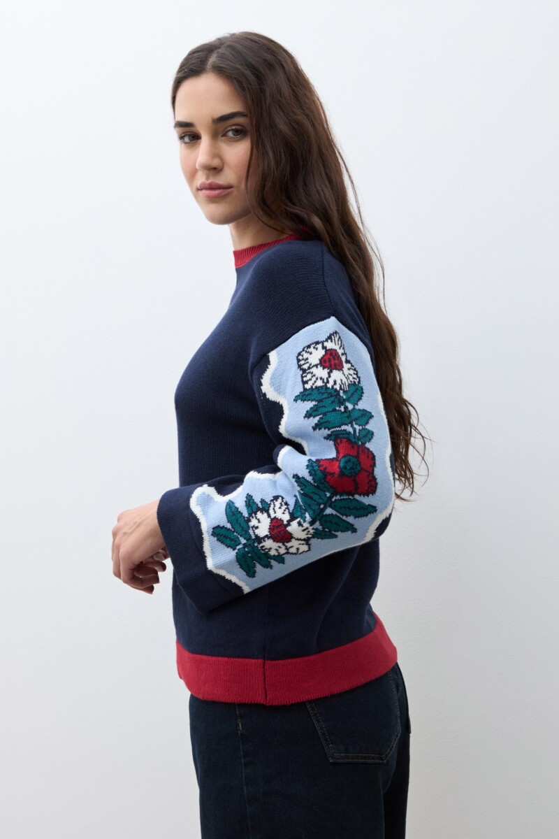 Sweater jacquard floral nativa azul marino