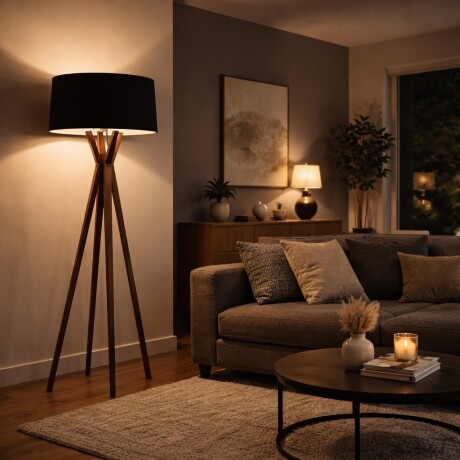 Luminaria de pie pantalla negra y madera E27 147cm Luminaria de pie pantalla negra y madera E27 147cm