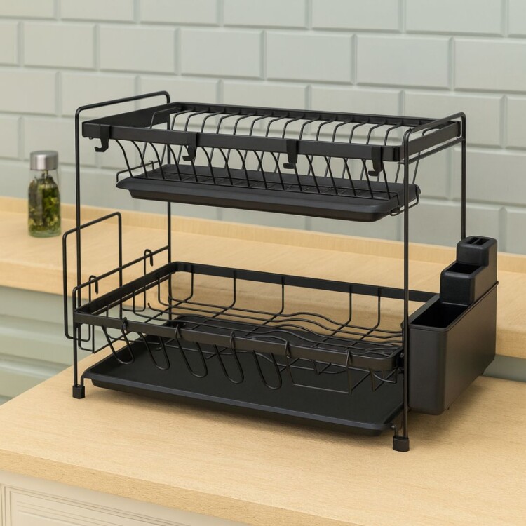 Escurridor de Vajilla 2 Niveles con Bandeja Negro NEGRO