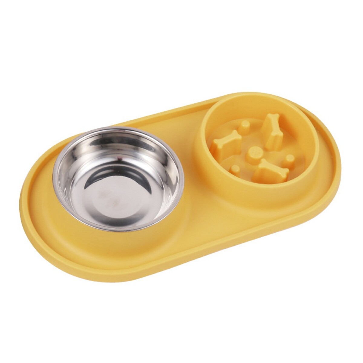 Plato Doble en Silicona con Comedero Come Lento para Mascotas - Amarillo 