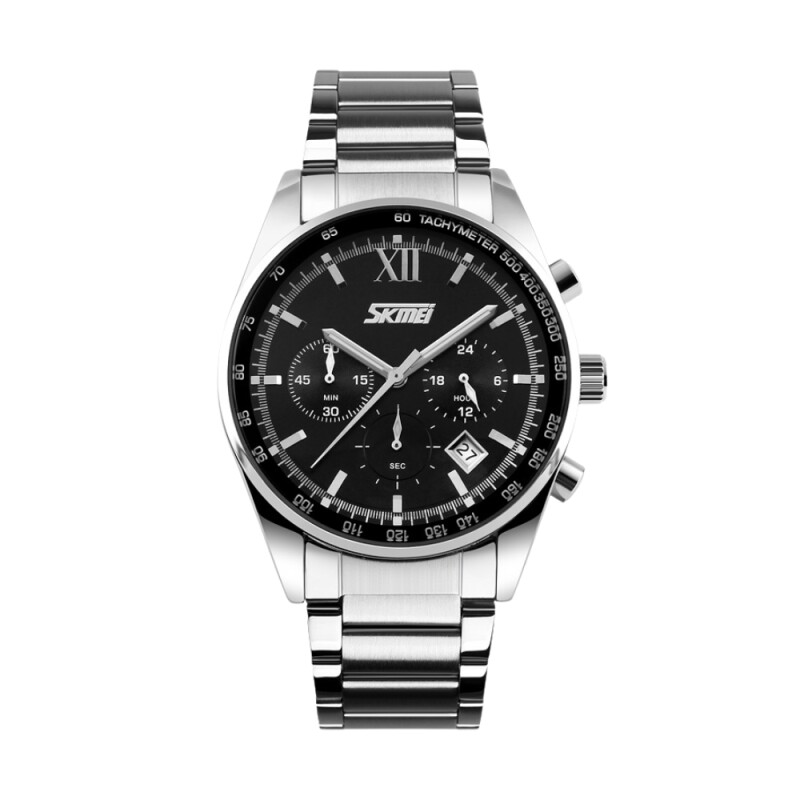Reloj Skmei 9096BK cronógrafo analógico para hombre en acero plateado con esfera negra Negro