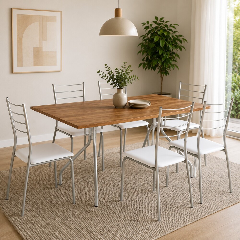 JUEGO DE COMEDOR MESA Y 6 SILLAS EN METAL Plata
