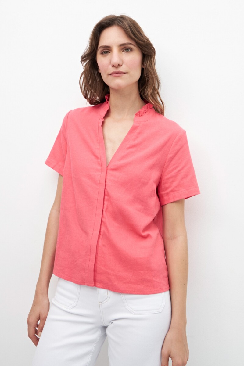 Blusa de lino con volados fucsia