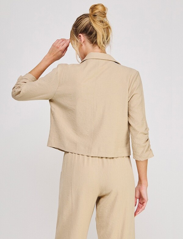 Blazer Crop De Lino Abierto Con Manga Fruncida BEIGE