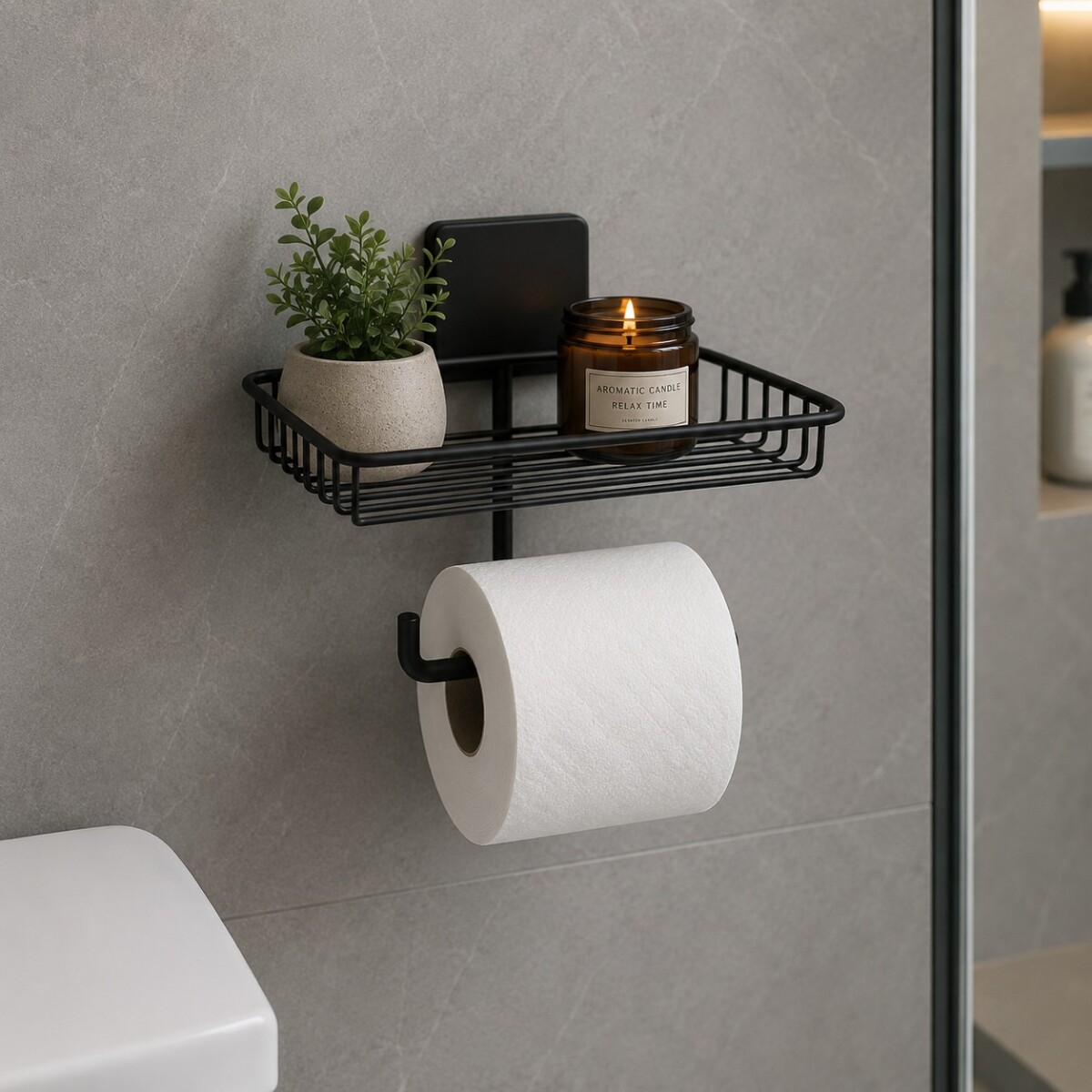 Porta Rollo de Papel y Soporte para Objetos con Ventosa en Acero de Carbono Future - Negro 