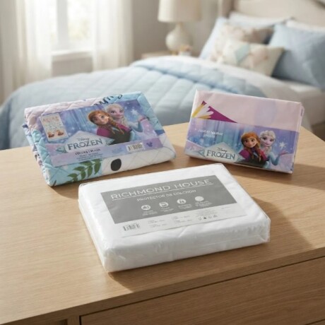 Combo Infantil 1 Plaza: Colcha + Sábanas + Protector Disney Frozen Salmón