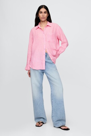 Camisa De Lino Mujer Pink Stripe