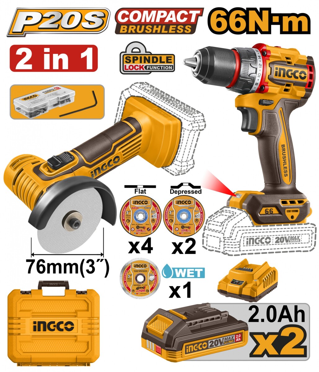KIT A BATERIA P20S 20V MINI AMOLADORA 3´´ MULTIFUNCION + TALADRO ATORNILLADOR 