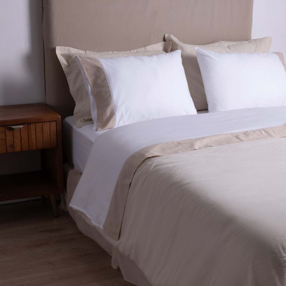 JUEGO DE SABANAS 180 HILOS QUEEN ALGODON NATURAL-BEIGE GUARDA DE LINO BEIGE