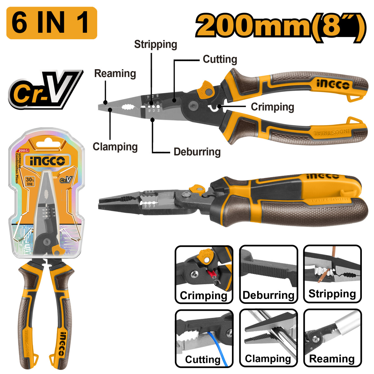 PINZA PUNTA FINA 8´´ 200MM CR-V MULTIFUNCION 6 EN 1 INGCO HMFLNP28200 
